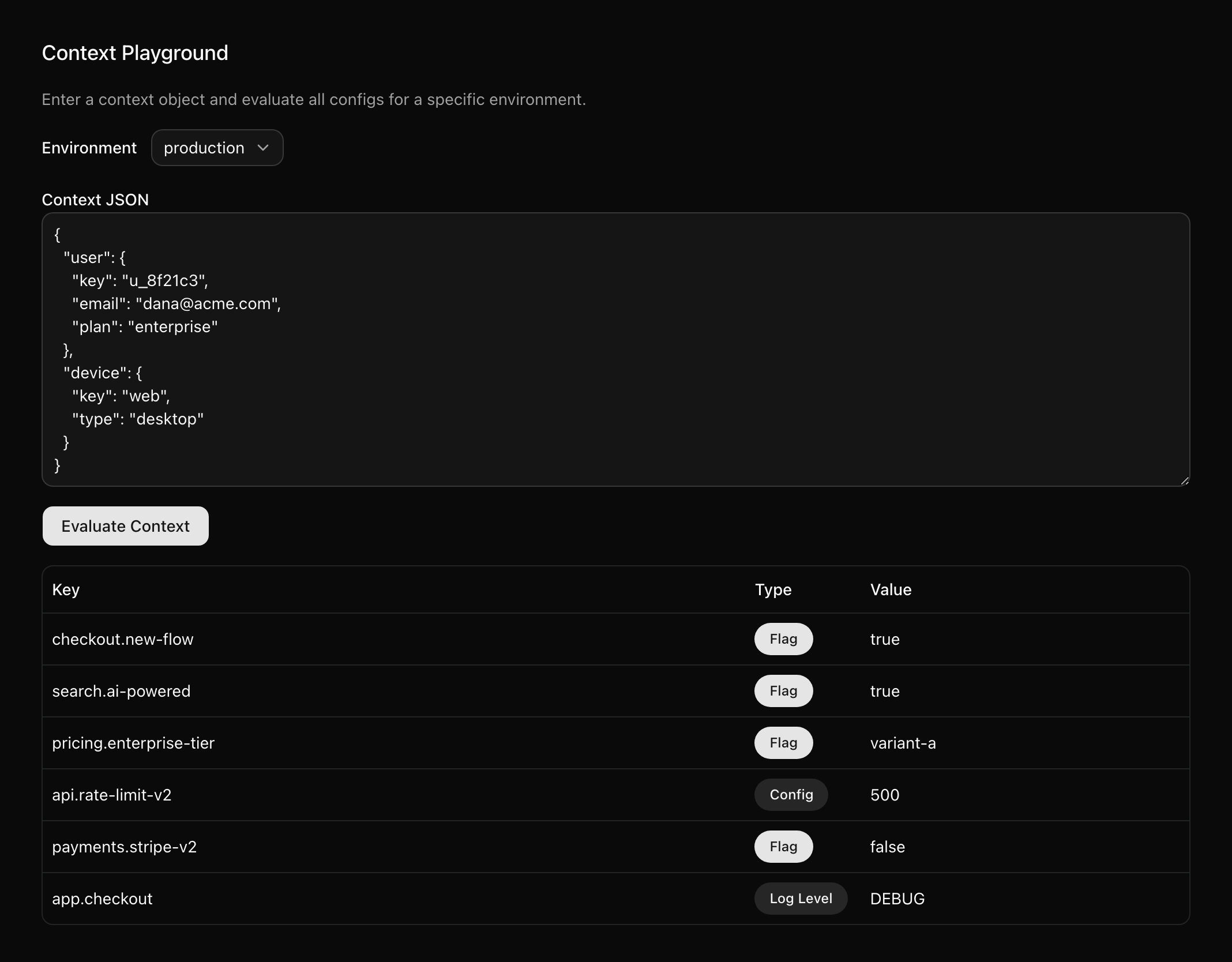 the context playground feature flag debugger