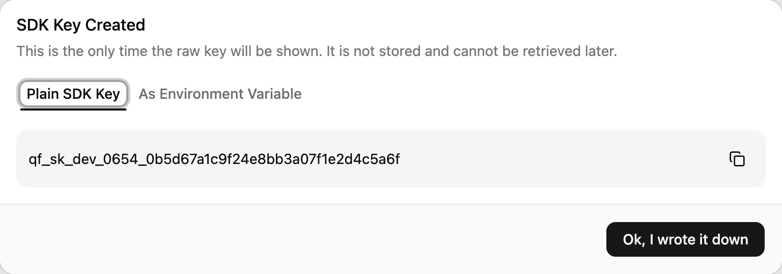 The one-time SDK key reveal dialog